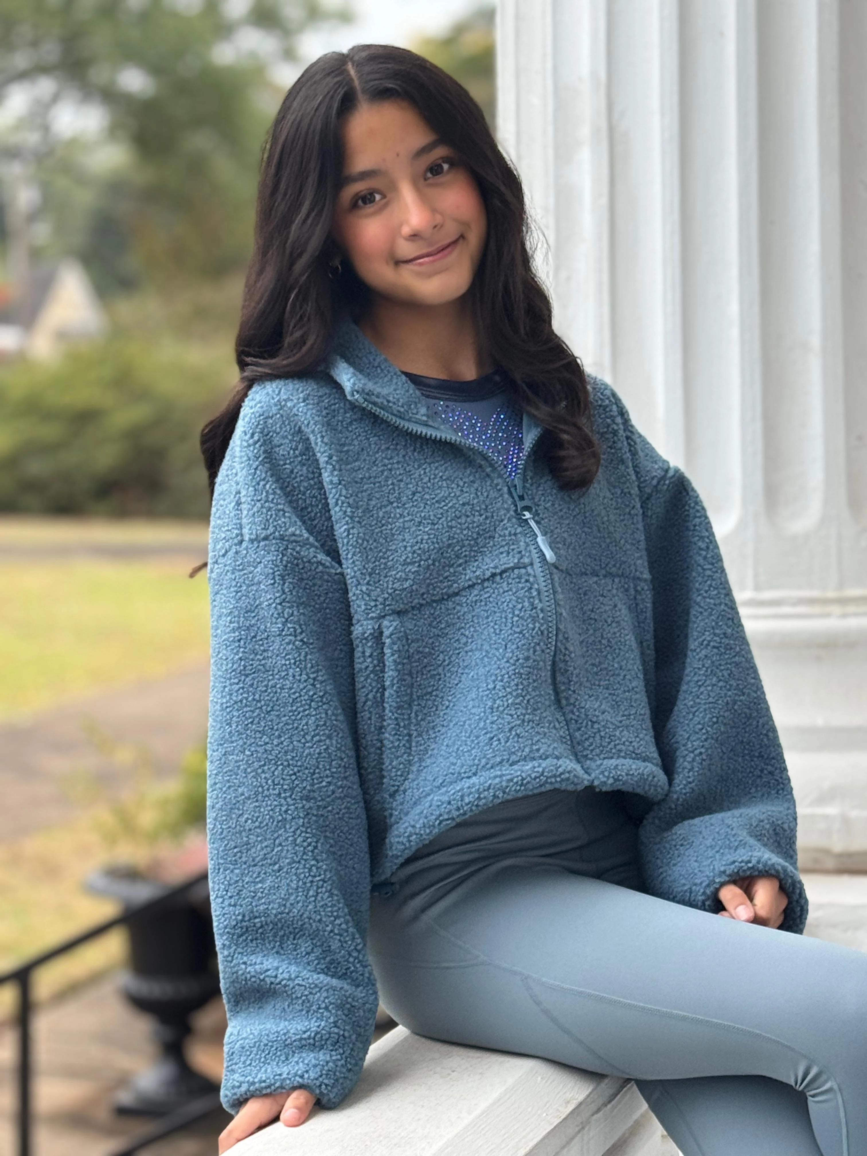Fleece Cropped Jacket Blue - Image 12